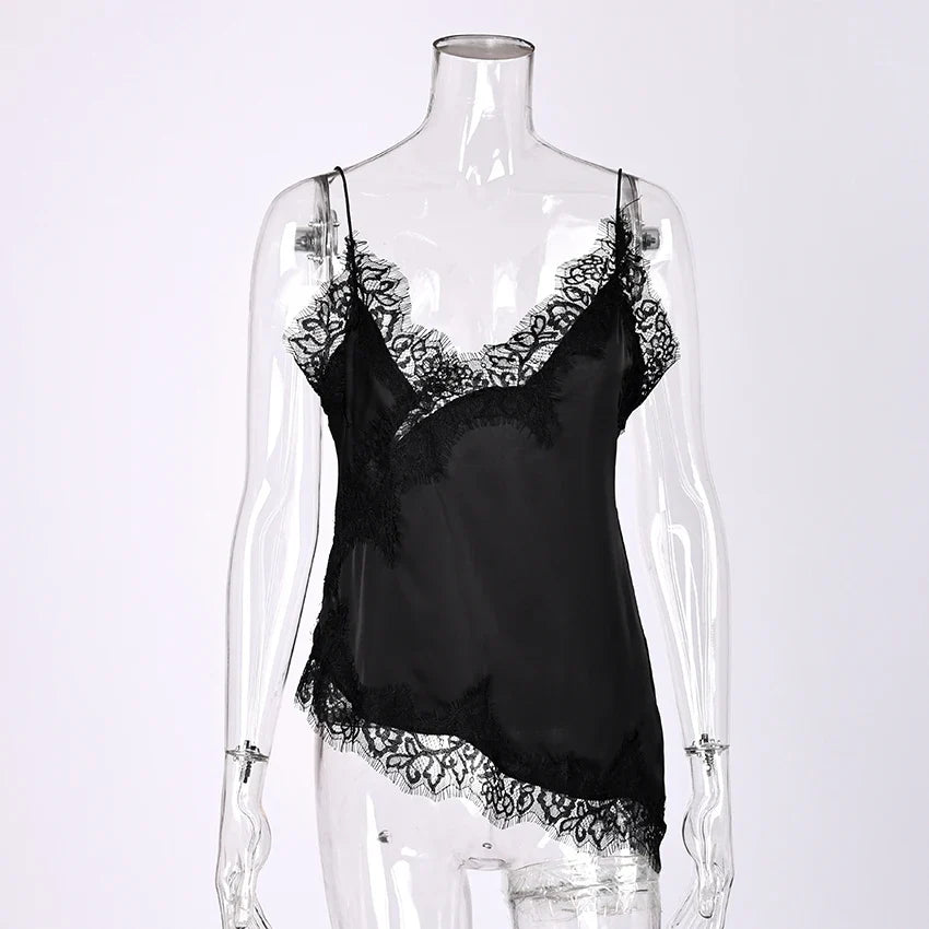 Linad Sexy Black Backless Lace Camisole Women Street Chic Spaghetti Strap Tops Female Casual Patchwork Silk Vest Female 2025 Urban Fashion Icon