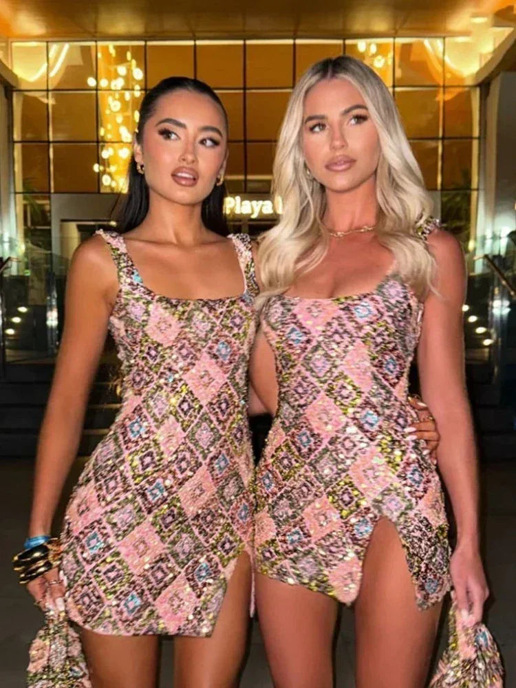 Colorful Rhombus Sequins Sexy Mini Dress Elegant Chic Straps Slit Bodycon Party Dresses Summer Holidays Evening Women Dress 2025 Femstylo