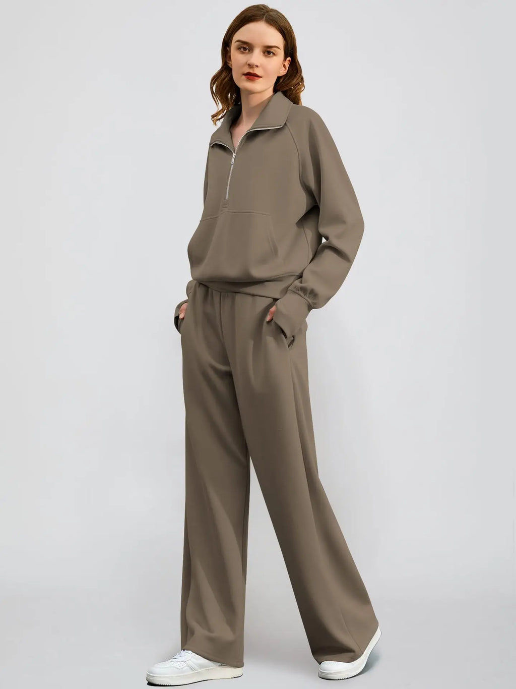 Woman Solid Color Half Zip Long Sleeve Sweatshirt and Wide Leg Pants Set Casual Sporty Two Piece Outfit Urban Fashion Icon