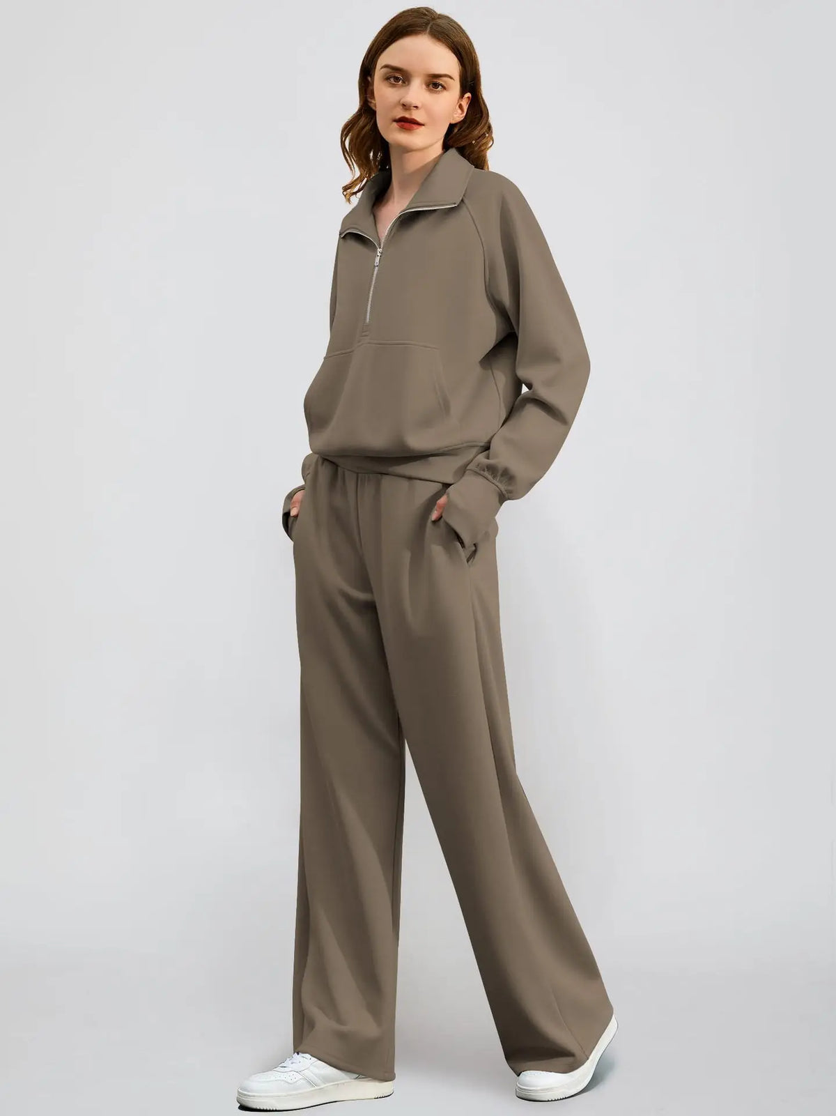 Woman Solid Color Half Zip Long Sleeve Sweatshirt and Wide Leg Pants Set Casual Sporty Two Piece Outfit Urban Fashion Icon