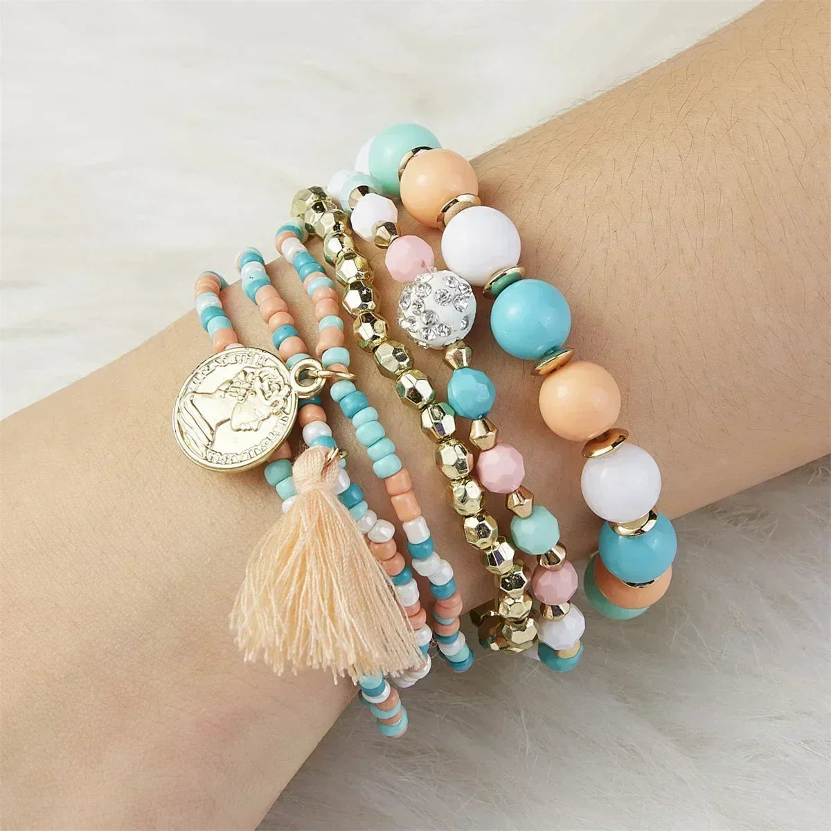 Bohemia Crystal Tassel Multicolor Beads Bracelets For Women Handmade Elastic Rope Charm Wrap Bracelet Summer Beach Party Jewelry Femstylo