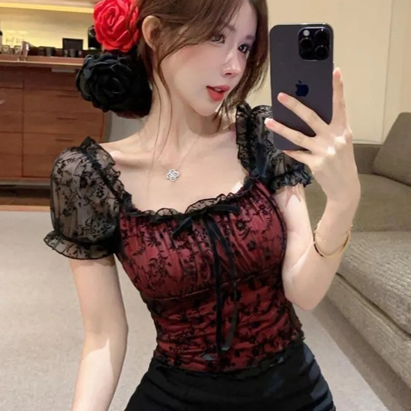Blouses Women Lace Sexy Slim Tops Hot Girls Summer Stylish Short Puff Sleeve Seductive Backless Slash Neck Mesh Aesthetic Chic Urban Fashion Icon