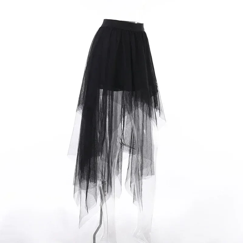 Casual Skirts Punk Sexy Net Yarn High-Waisted Irregular Skirt for Women Summer New European and American Gothic Style Versatile Femstylo