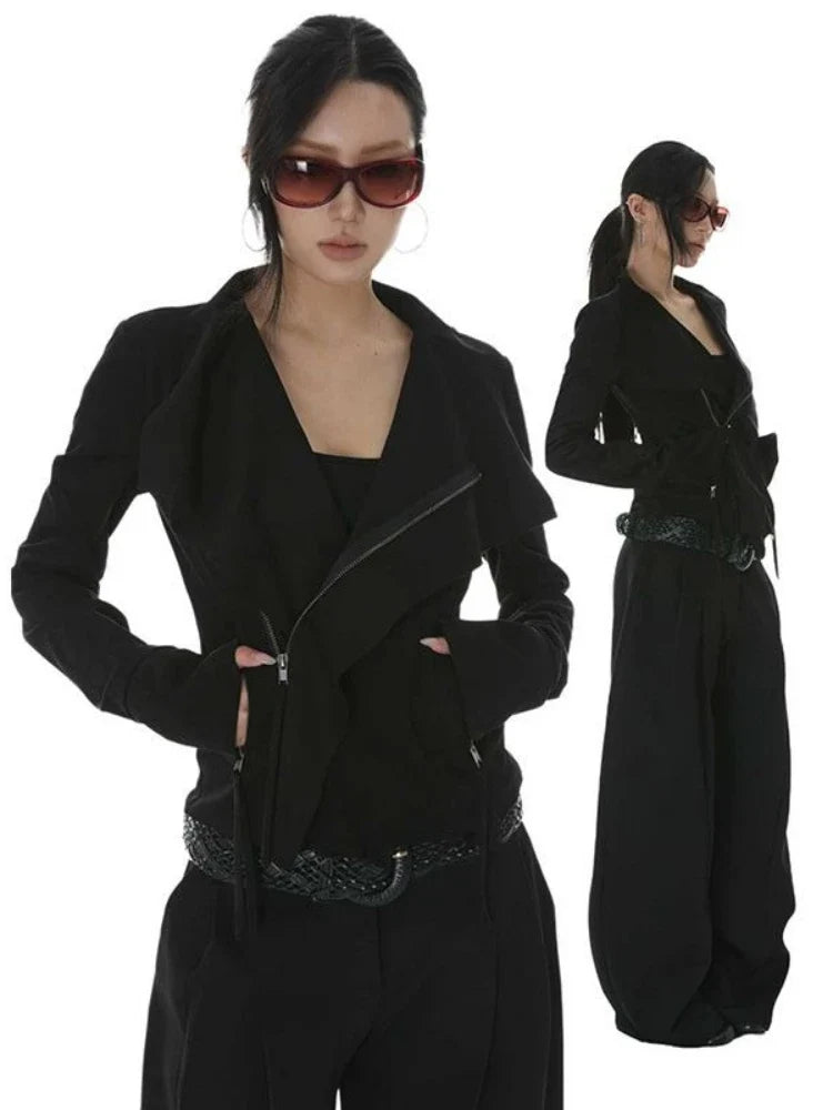 Vintage Turn Down Collar Cropped Jackets Women Harajuku Punk Slim Fit Coat Streetwear Pocket Zipper Y2k Aesthetic Grunge Outwear Urban Fashion Icon