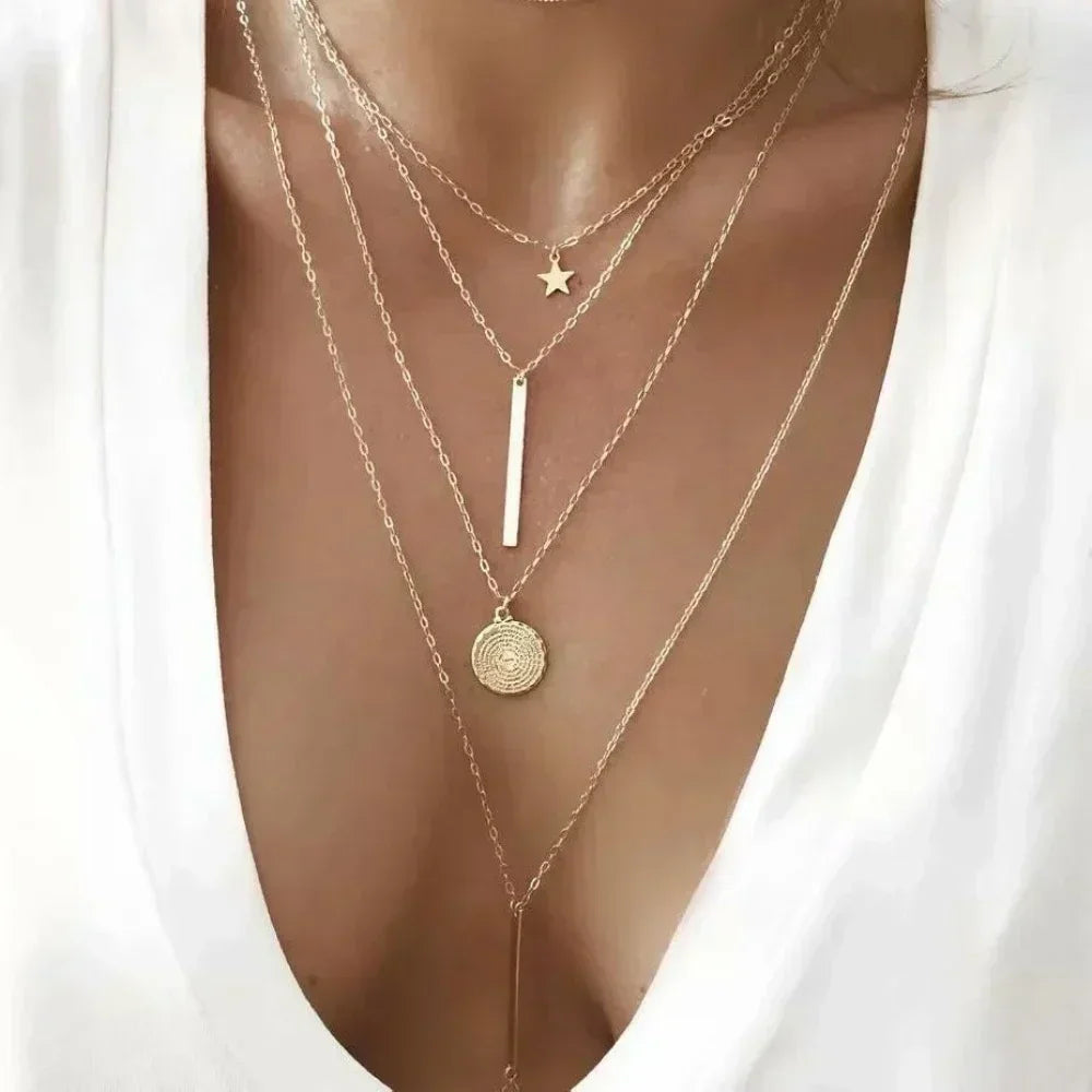 MEDFOLY 3pcs Gold Charm Necklace For Women Star Pearl Cross Pendant Neckalces Dainty 14K Gold Plated Summer Beach Jewelry Gifts Femstylo