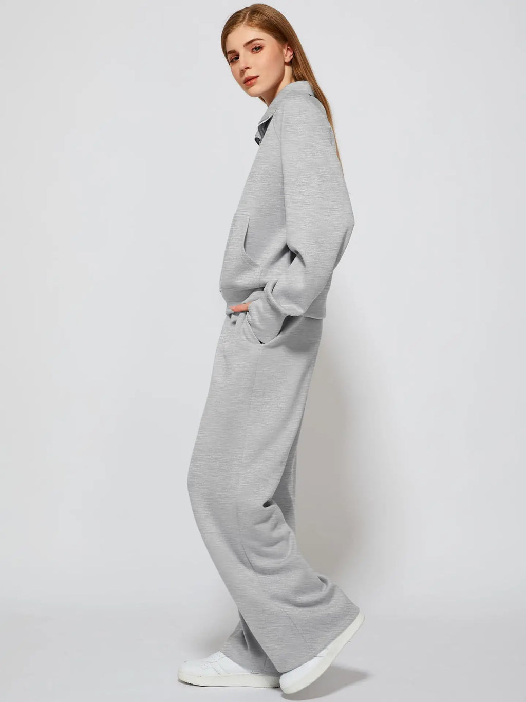 Woman Solid Color Half Zip Long Sleeve Sweatshirt and Wide Leg Pants Set Casual Sporty Two Piece Outfit Urban Fashion Icon