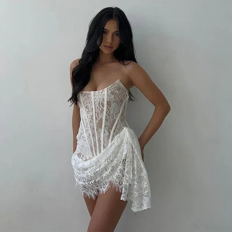 Candyhot Elegant Lace Strapless Sexy See-through Dress Bandage Irregular Mini Dress For Women Summer Slim Street Party Dress Femstylo