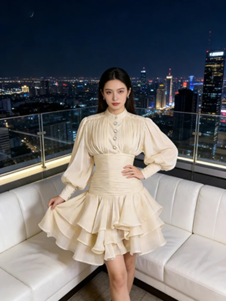 Solid Victorian-inspired Mini Dress Women Puff-sleeve Ruched Tiered Romantic Cottagecore Party Dresses 2026 Trendy Elegant Robe Urban Fashion Icon