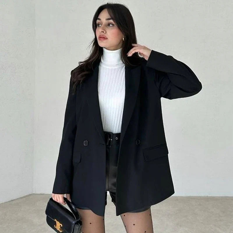 HXAO Blazer Women Double Breasted Pocket Women's Jacket 2025 Long Sleeve Casual Blazers Woman Chic Office Wear Ladies Coat Urban Fashion Icon