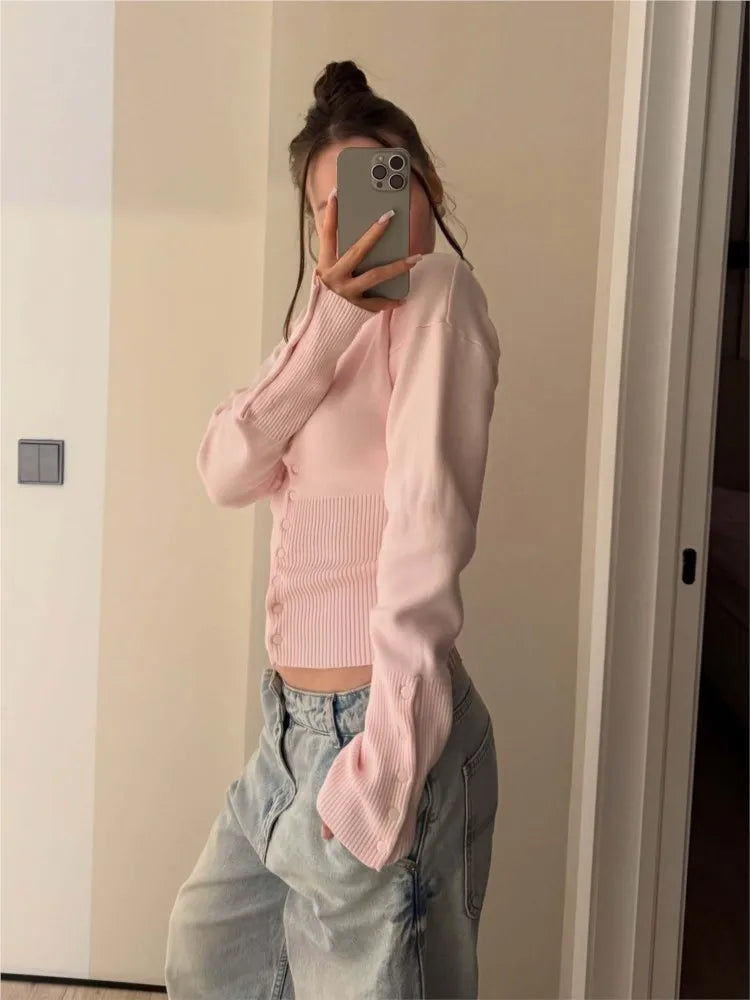 Pink Twist Cotton Long Sleeve Knitted Cardigan Women Simple Button Casual Preppy Style Jumper Sweet Cute Simple Sweater Top New Urban Fashion Icon