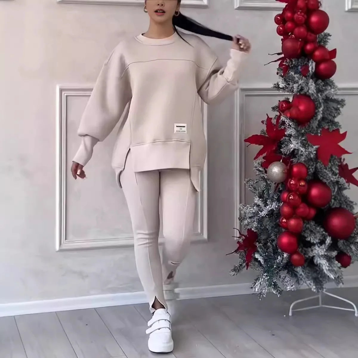 2pcs Women Sport Suit Hoodie Sweatshirt Winter Loose Irregular Top + Leggings Pant Casual Jogger Outfit  Sports Two-piece Set Urban Fashion Icon