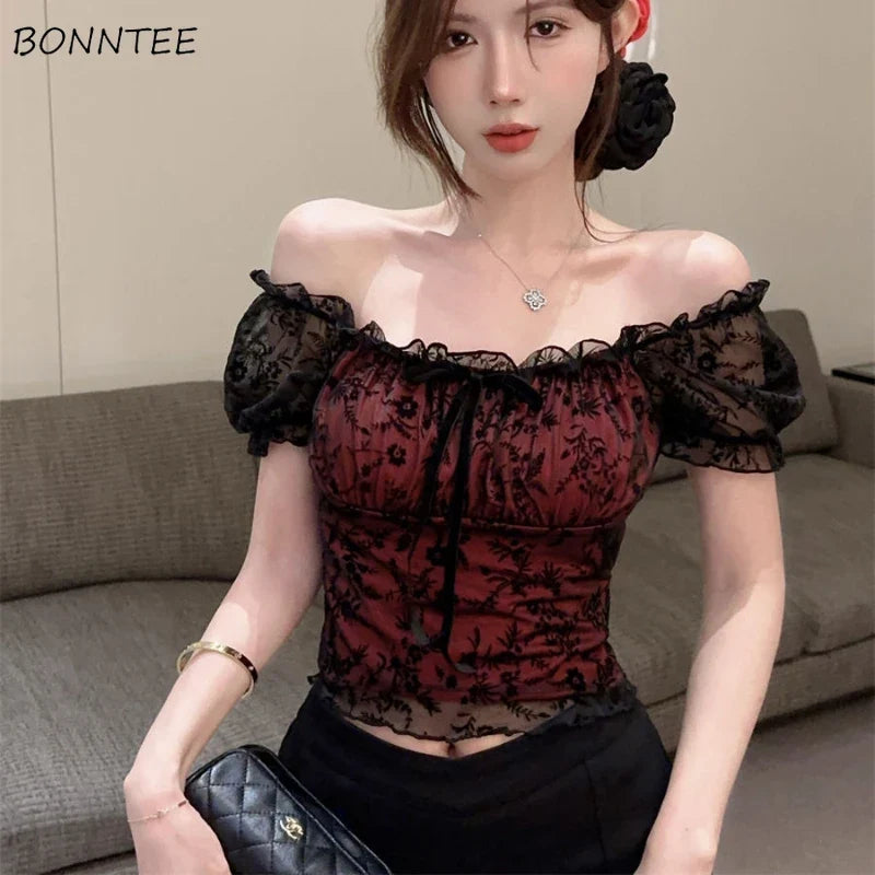 Blouses Women Lace Sexy Slim Tops Hot Girls Summer Stylish Short Puff Sleeve Seductive Backless Slash Neck Mesh Aesthetic Chic Urban Fashion Icon