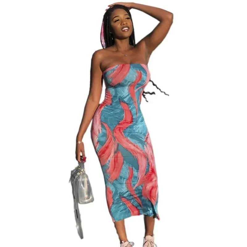 Spring And Summer Dresses For Women Chest Wrap Printed Off Shoulder Bandage Slim Sexy Long Dress 2023 New Fashion party MsChuh Femstylo