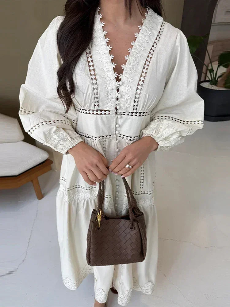 Elegant Lace Patchwork Hollow Out Dress Women Solid V-neck Long Lantern Sleeve Loose Dresses 2025 Spring Vacation Lady Robes Femstylo