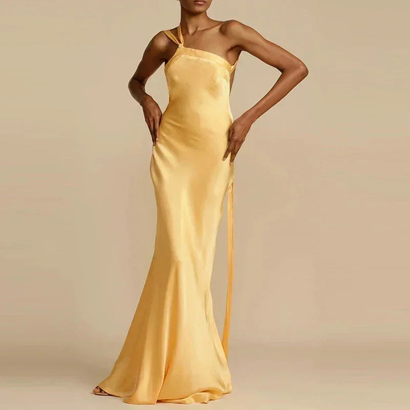 2024 Spring Sexy Inclined Shoulder Party Dress Women High Waist Satin Boho Long Dress Summer Backless Hollow Bandage Maxi Dress Femstylo