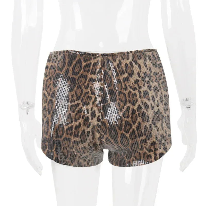 WhereMery Retro Leopard Print Seguins Shiny Chic Short Pants Y2K Spring Women's Fashion Night Club Streetwear Women Mini Bottoms Femstylo