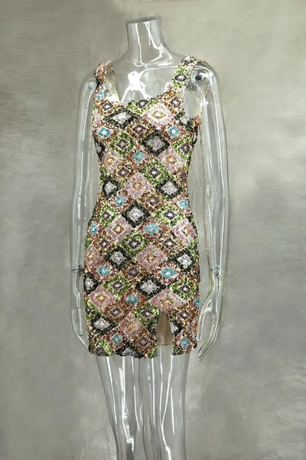Colorful Rhombus Sequins Sexy Mini Dress Elegant Chic Straps Slit Bodycon Party Dresses Summer Holidays Evening Women Dress 2025 Femstylo