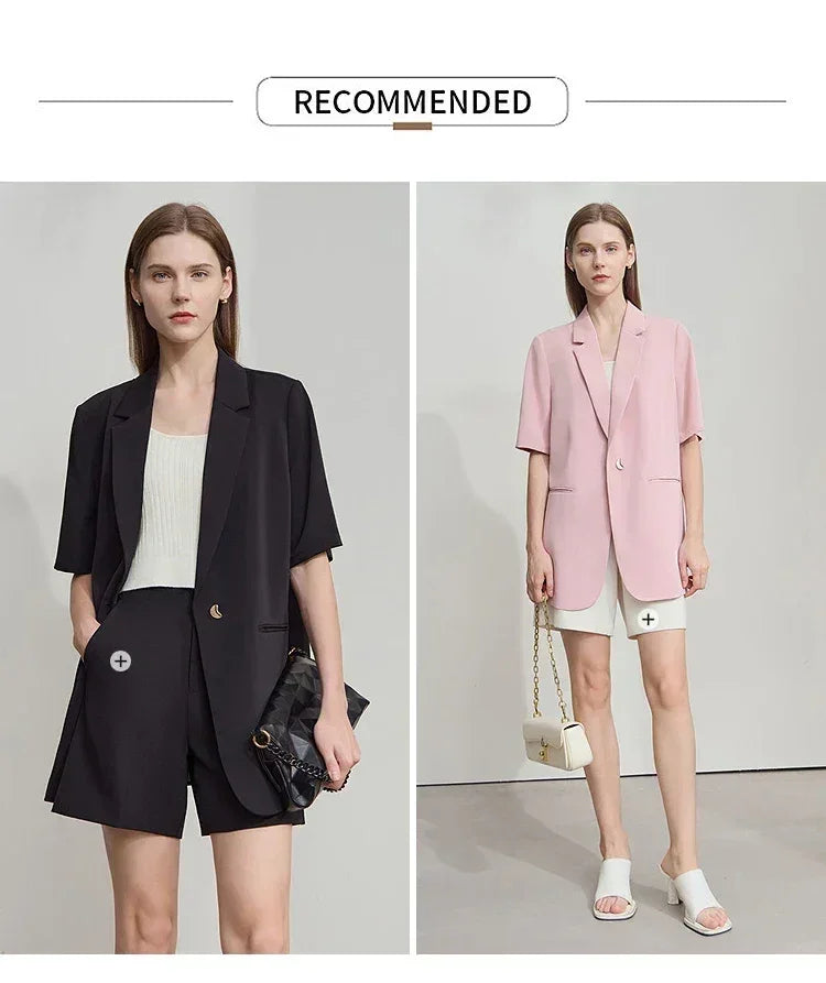 Amii Women's Top Minimalist 2025 Summer New Notched Lapel Contrast Material Patchwork One Button Short Sleeve Blazer 12542081 Femstylo