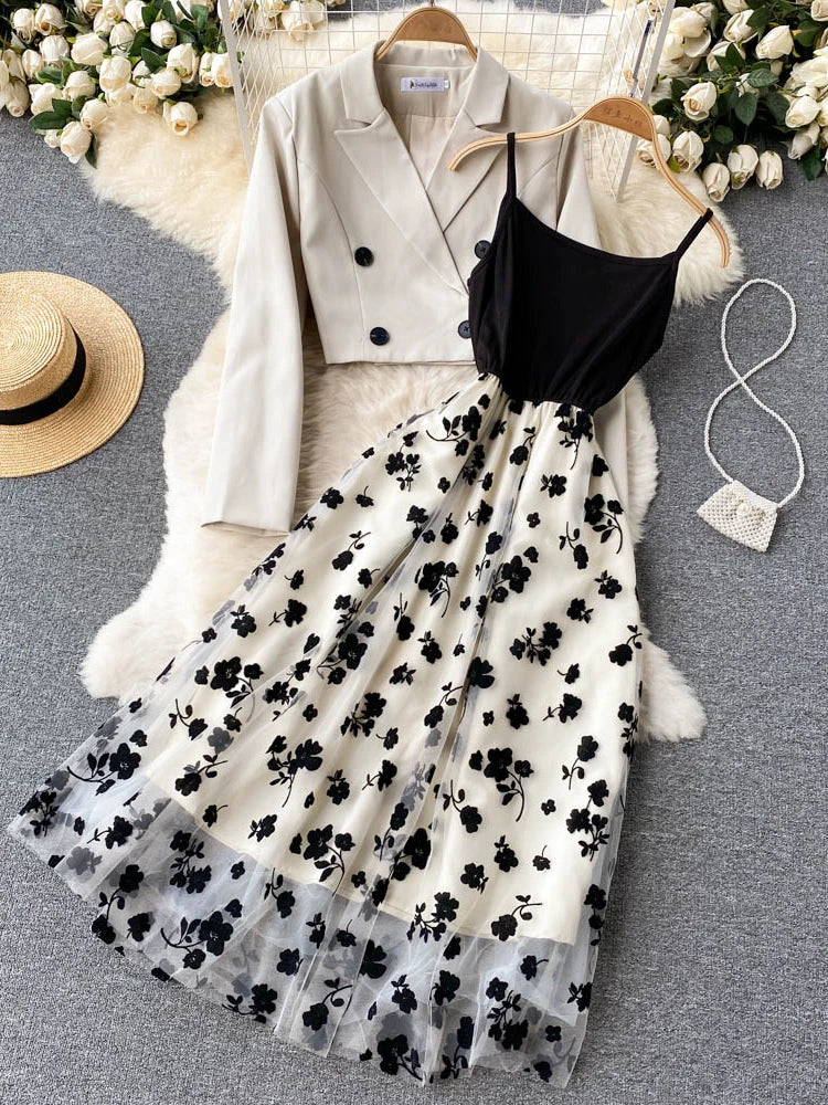 French Style Elegant Two Piece Sets Women Double Breasted Blazer Jacket + Mesh A-line Long Dress Fashion Korean Outfits Urban Fashion Icon
