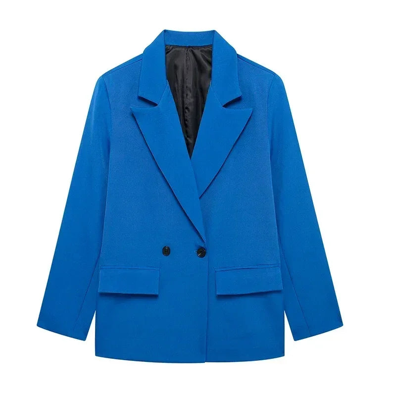 Willshela Women Fashion With Pockets Solid Double Breasted Blazer Vintage Long Sleeves Notched Neck Female Office Lady Outfits Femstylo