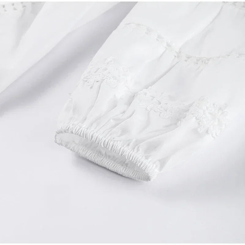 Elegant Lace Patchwork Hollow Out Dress Women Solid V-neck Long Lantern Sleeve Loose Dresses 2025 Spring Vacation Lady Robes Femstylo