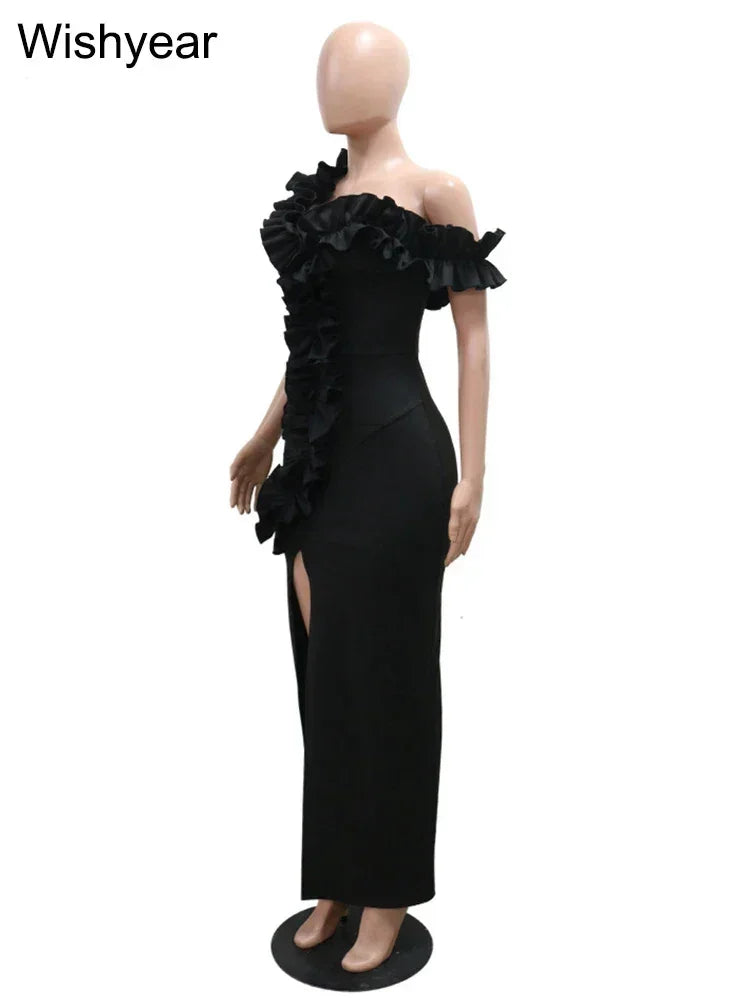 Sexy Night Sleeveless Off Shoulder Wooden Ear Edge Ruffles Bodycon Split Red Midi Dress Women Evening Birthday Party Vestidos Femstylo