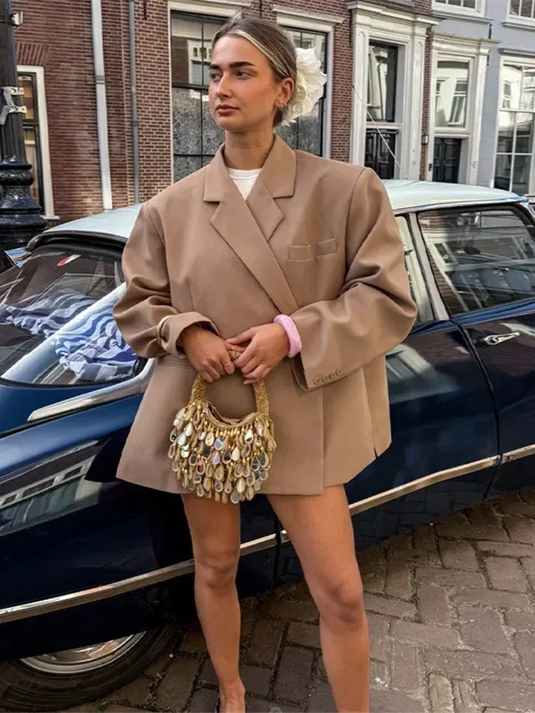 Women's V-Neck Side-Buttoned Suit Jacket Long Sleeve Solid Color Coats Pocket Cuffs Oversize Tops High Street Female Clothes Femstylo