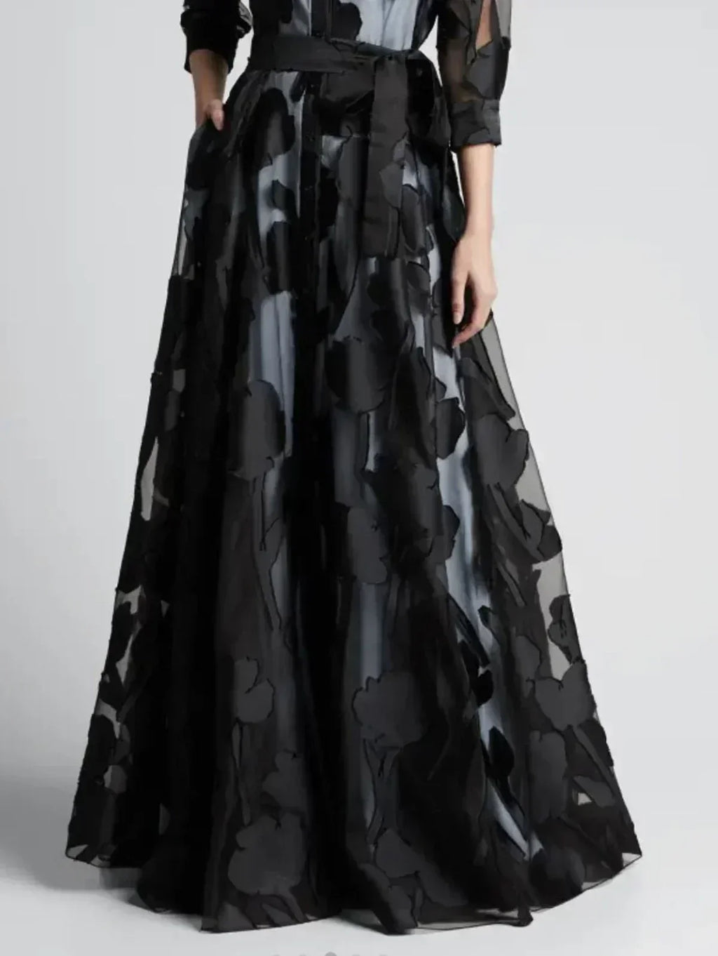 Elegant Three-Quarter Sleeve Knotted Waist Jacquard Mesh Maxi Dress for Women No Lining Transparent Club Party Long Dress Femstylo