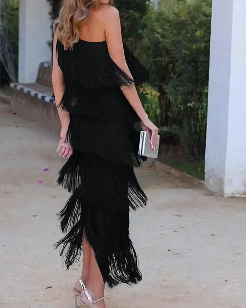 Spring and Summer New Fashion Fringed Slanted Shoulder Asymmetrical Dress for Women Femstylo