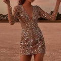 Sexy Deep V Neck Long Sleeve Shiny Dress Elegant Sequins Women's Evening Party Dresses Chic Solid Color Glitter Wrap Hips Dress Femstylo
