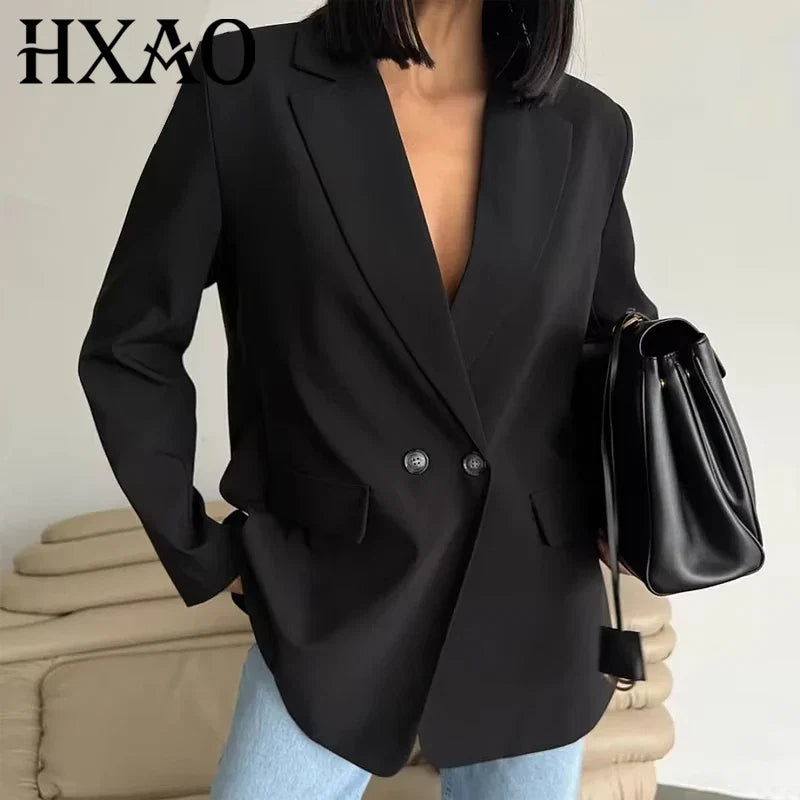 HXAO Blazer Women Double Breasted Pocket Women's Jacket 2025 Long Sleeve Casual Blazers Woman Chic Office Wear Ladies Coat Urban Fashion Icon