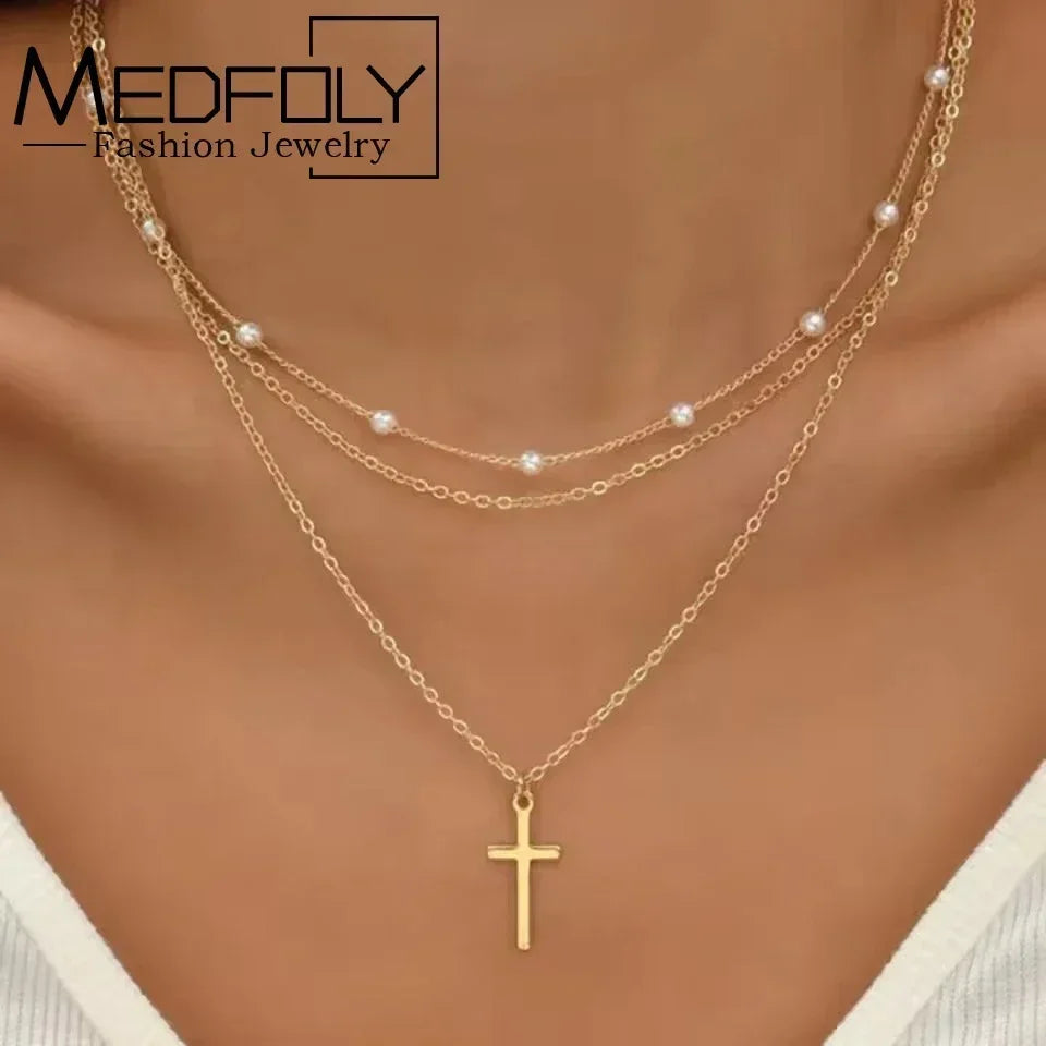 MEDFOLY 3pcs Gold Charm Necklace For Women Star Pearl Cross Pendant Neckalces Dainty 14K Gold Plated Summer Beach Jewelry Gifts Femstylo