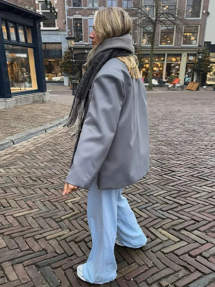 Women's V-Neck Side-Buttoned Suit Jacket Long Sleeve Solid Color Coats Pocket Cuffs Oversize Tops High Street Female Clothes Femstylo