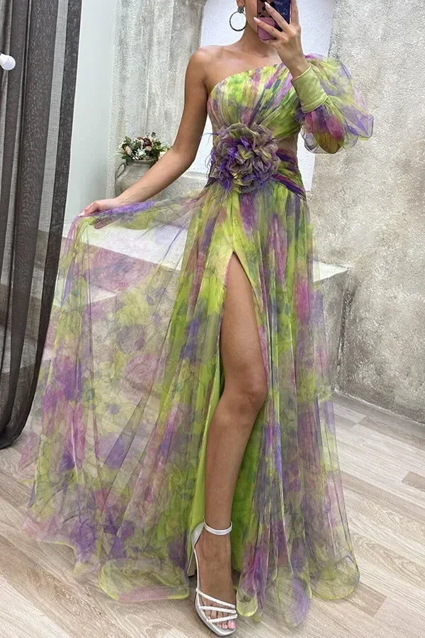 Elegant Oblique Shoulder Single-sleeve  Zipper High Slit Mesh Long Dress For Women Fashion Flower Decoration Party Dress Female Femstylo