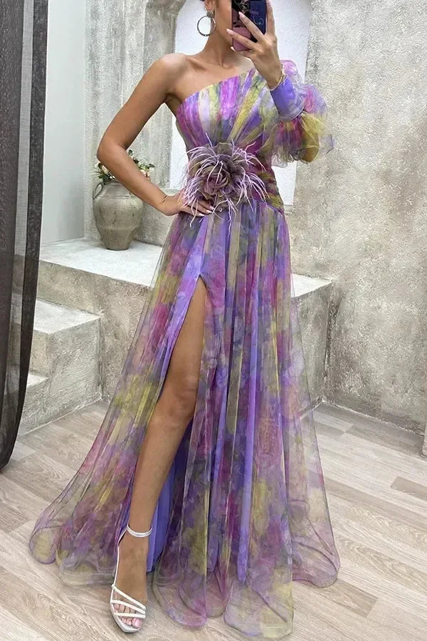 Elegant Oblique Shoulder Single-sleeve  Zipper High Slit Mesh Long Dress For Women Fashion Flower Decoration Party Dress Female Femstylo