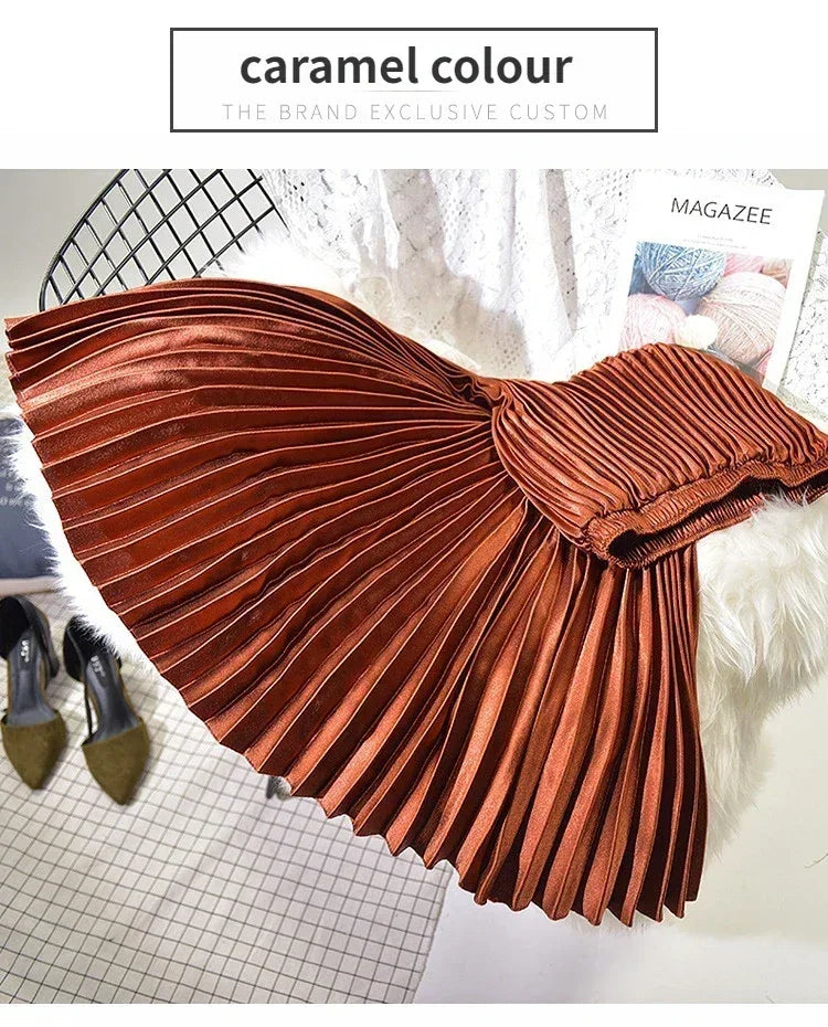 Classic Golden Velvet Pleated Skirt High Waist Retro Style Fashion Office Lady Pleated Long Skirt Winter Velvet Skirt 90cm Long Femstylo