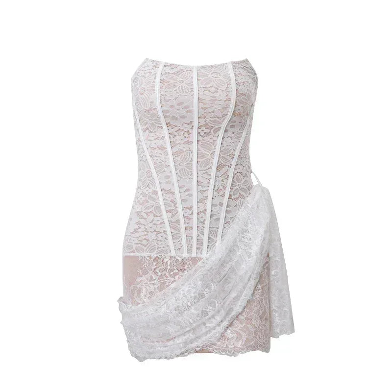 Candyhot Elegant Lace Strapless Sexy See-through Dress Bandage Irregular Mini Dress For Women Summer Slim Street Party Dress Femstylo