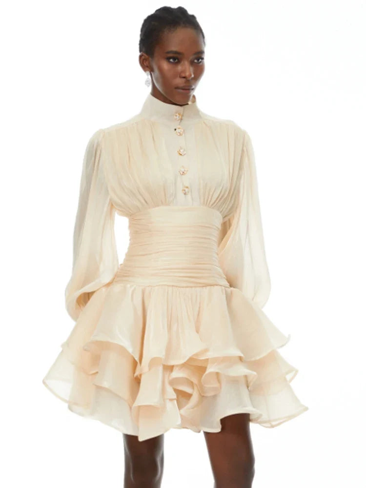 Solid Victorian-inspired Mini Dress Women Puff-sleeve Ruched Tiered Romantic Cottagecore Party Dresses 2026 Trendy Elegant Robe Urban Fashion Icon