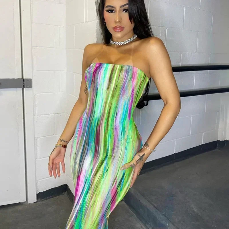 Spring And Summer Dresses For Women Chest Wrap Printed Off Shoulder Bandage Slim Sexy Long Dress 2023 New Fashion party MsChuh Femstylo