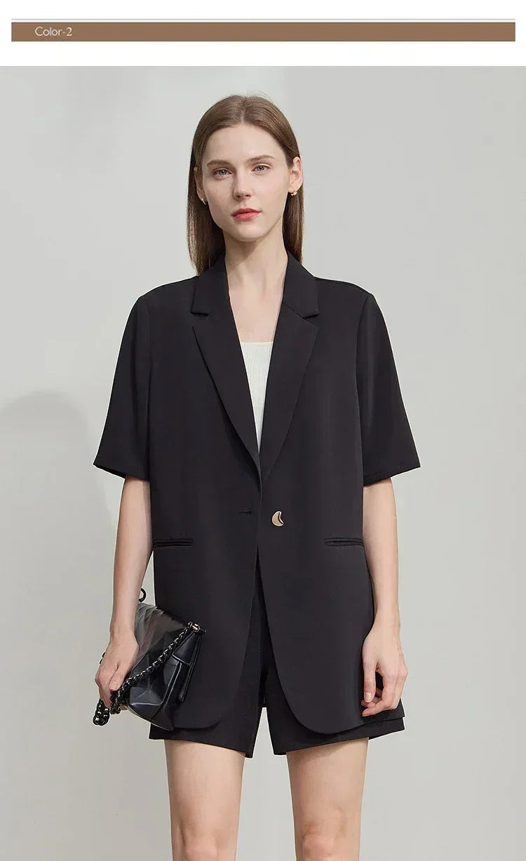 Amii Women's Top Minimalist 2025 Summer New Notched Lapel Contrast Material Patchwork One Button Short Sleeve Blazer 12542081 Femstylo