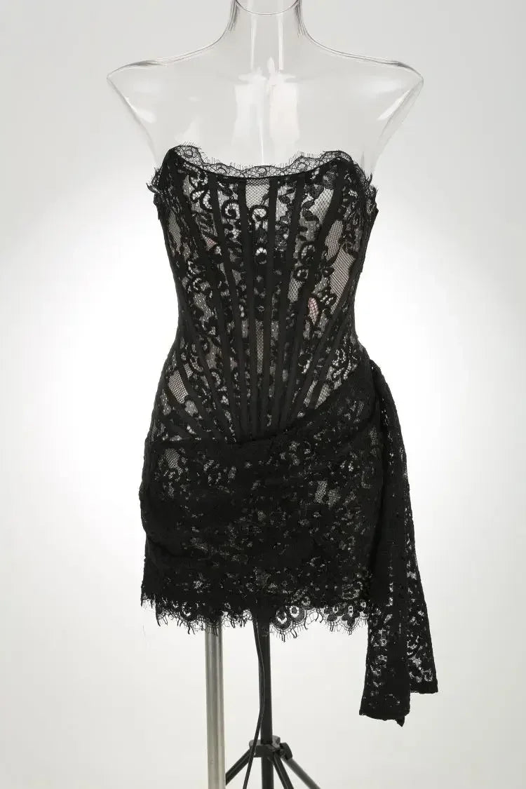 TARUXY Sexy Lace See-through Patchwork Corset Dress Female Bodycon Elegant Party MIrrgualr Mini Dress Women Tube Top Dress New Femstylo