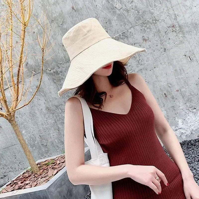Japanese Sunshade Female Spring and Summer Sunscreen Free To Fold Big Brim Sun Hat Fisherman Hat Cover Face Oversized Hair Femstylo