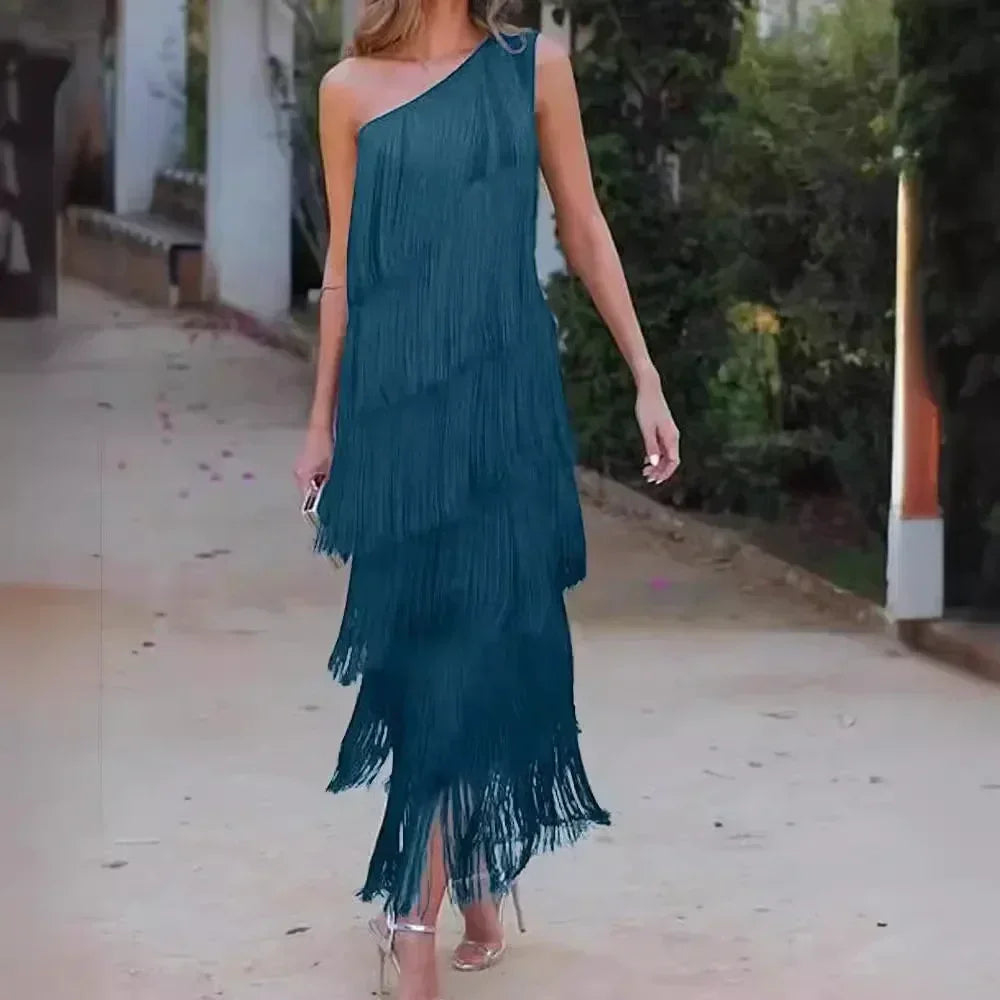 Spring and Summer New Fashion Fringed Slanted Shoulder Asymmetrical Dress for Women Femstylo