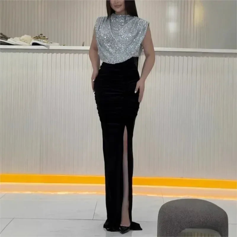 Lady Fashion Sleeveless Draped Split Dress Casual O Neck Sequin Splicing Party Dress 2025 New Year Elegant High Waist Long Dress Femstylo