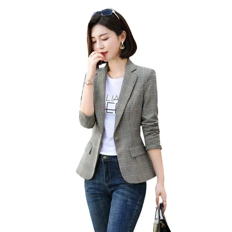 Gray Striped Plaid Blazer Jacket Women's Fashion Slim Coats V-Neck Single Button Ladies Blazers S-XXXXXL Femstylo