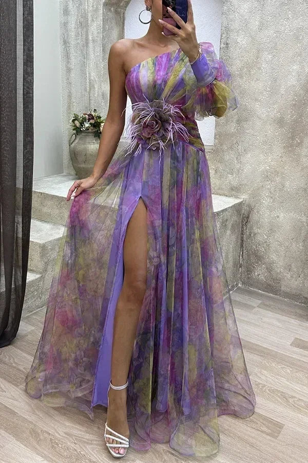 Elegant Oblique Shoulder Single-sleeve  Zipper High Slit Mesh Long Dress For Women Fashion Flower Decoration Party Dress Female Femstylo