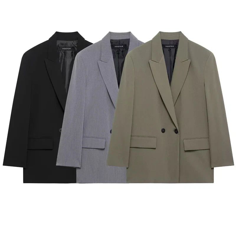 HXAO Blazer Women Double Breasted Pocket Women's Jacket 2025 Long Sleeve Casual Blazers Woman Chic Office Wear Ladies Coat Urban Fashion Icon