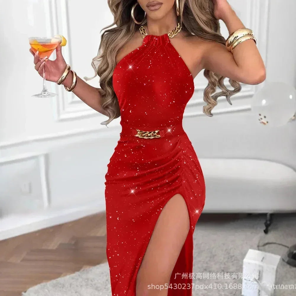 Women Spring Summer Glitter Lurex Halter High Slit Slim Fit Metal Chain Mid-Calf Bodycon Party Dress Sexy Femstylo