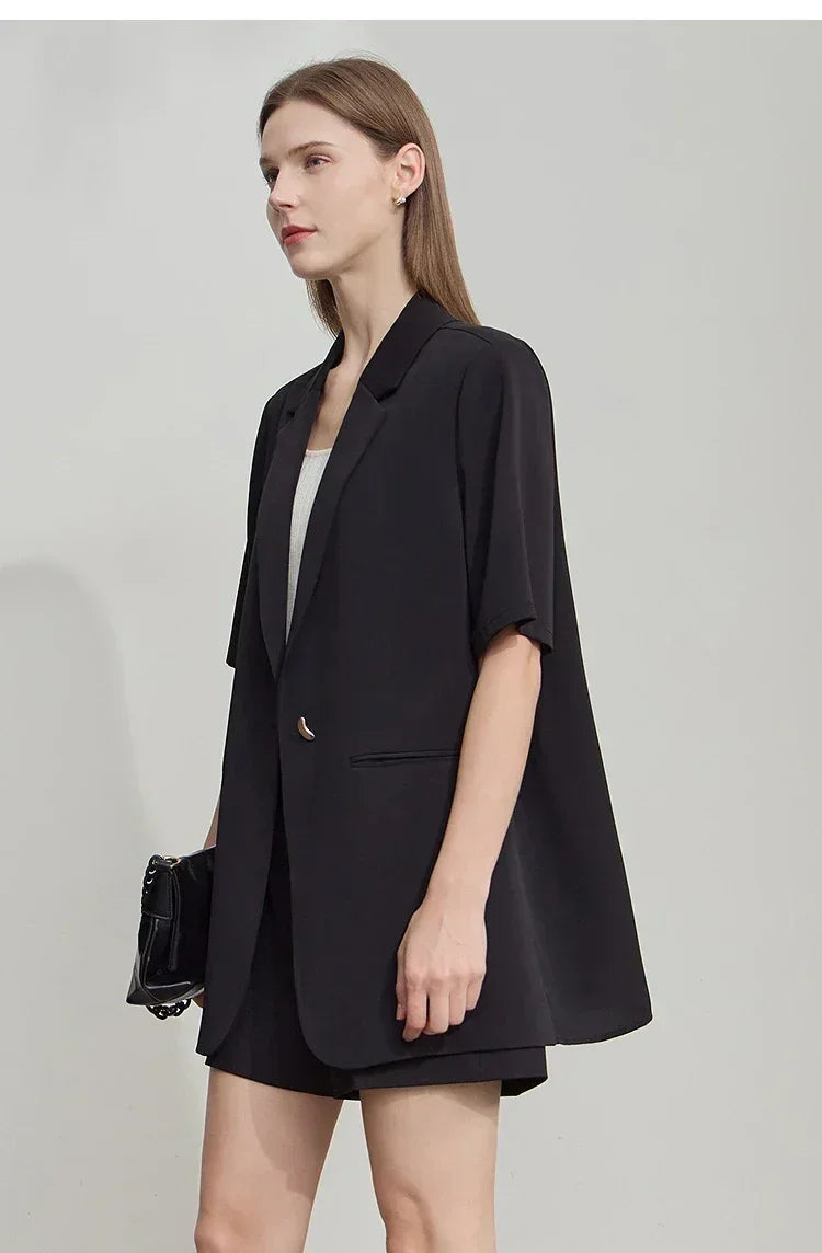Amii Women's Top Minimalist 2025 Summer New Notched Lapel Contrast Material Patchwork One Button Short Sleeve Blazer 12542081 Femstylo