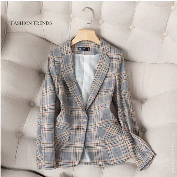 Gray Striped Plaid Blazer Jacket Women's Fashion Slim Coats V-Neck Single Button Ladies Blazers S-XXXXXL Femstylo